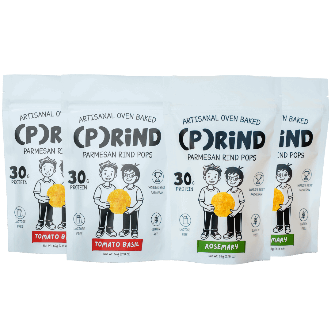 (P)RiND 62g Tomato Basil and Rosemary parmesan pops displayed in clean white packaging.