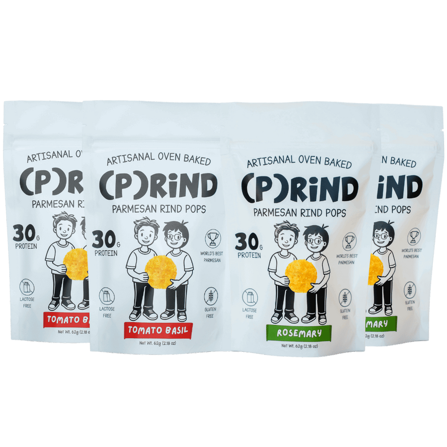 (P)RiND 62g Tomato Basil and Rosemary parmesan pops displayed in clean white packaging.