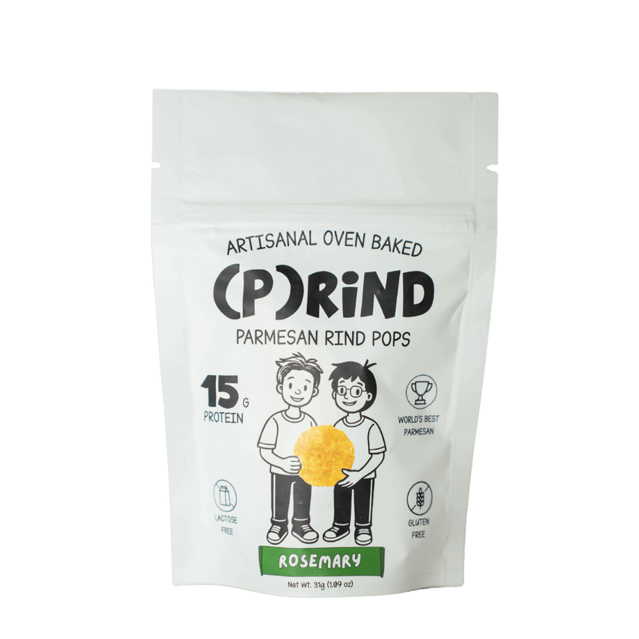 Single-serve PRIND Rosemary parmesan pops bag, clean oven-baked snack made with 5 natural ingredients, gluten free and lactose free.