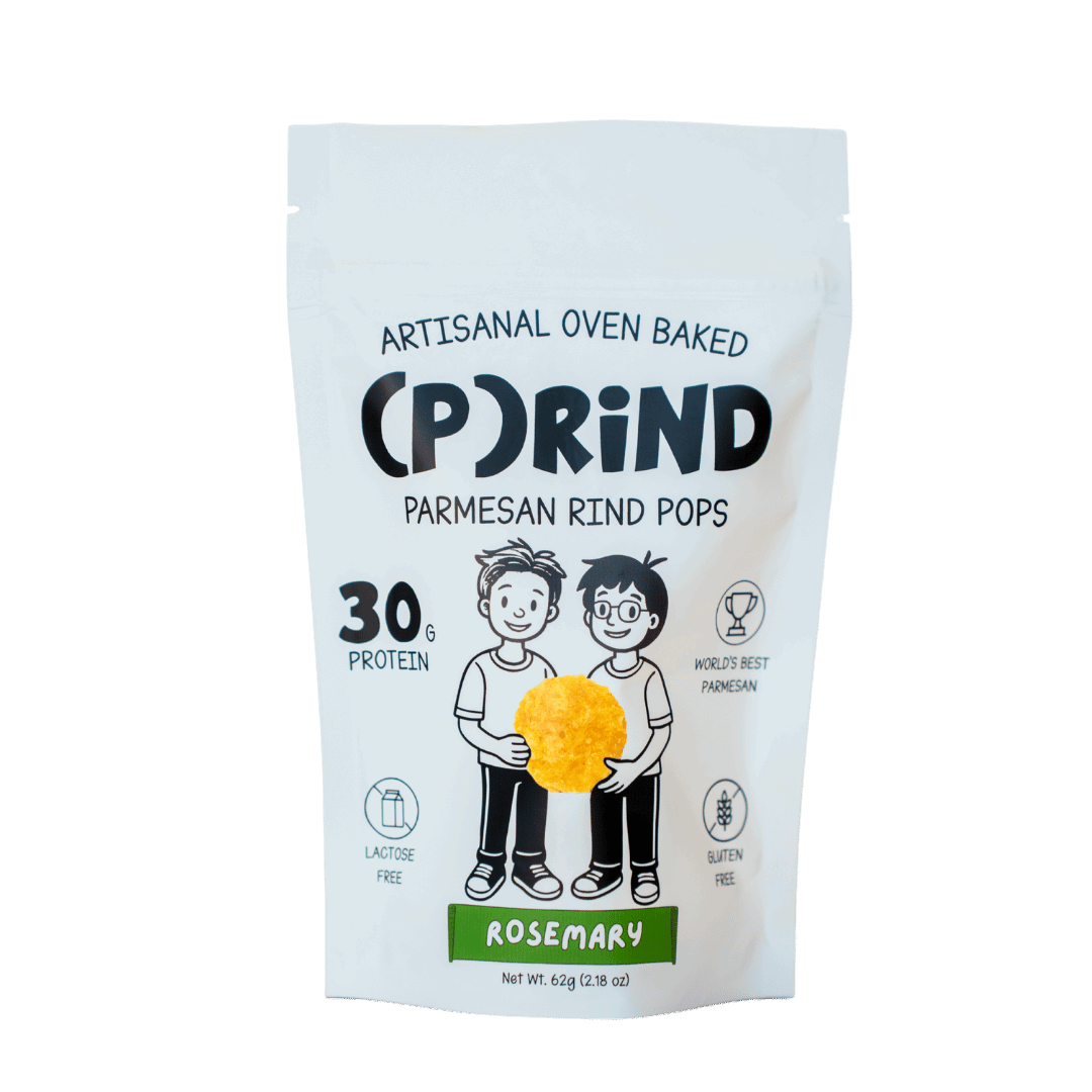 (P)RiND Rosemary parmesan pops double-serve bag, clean white packaging with 30g protein, lactose free and gluten free.