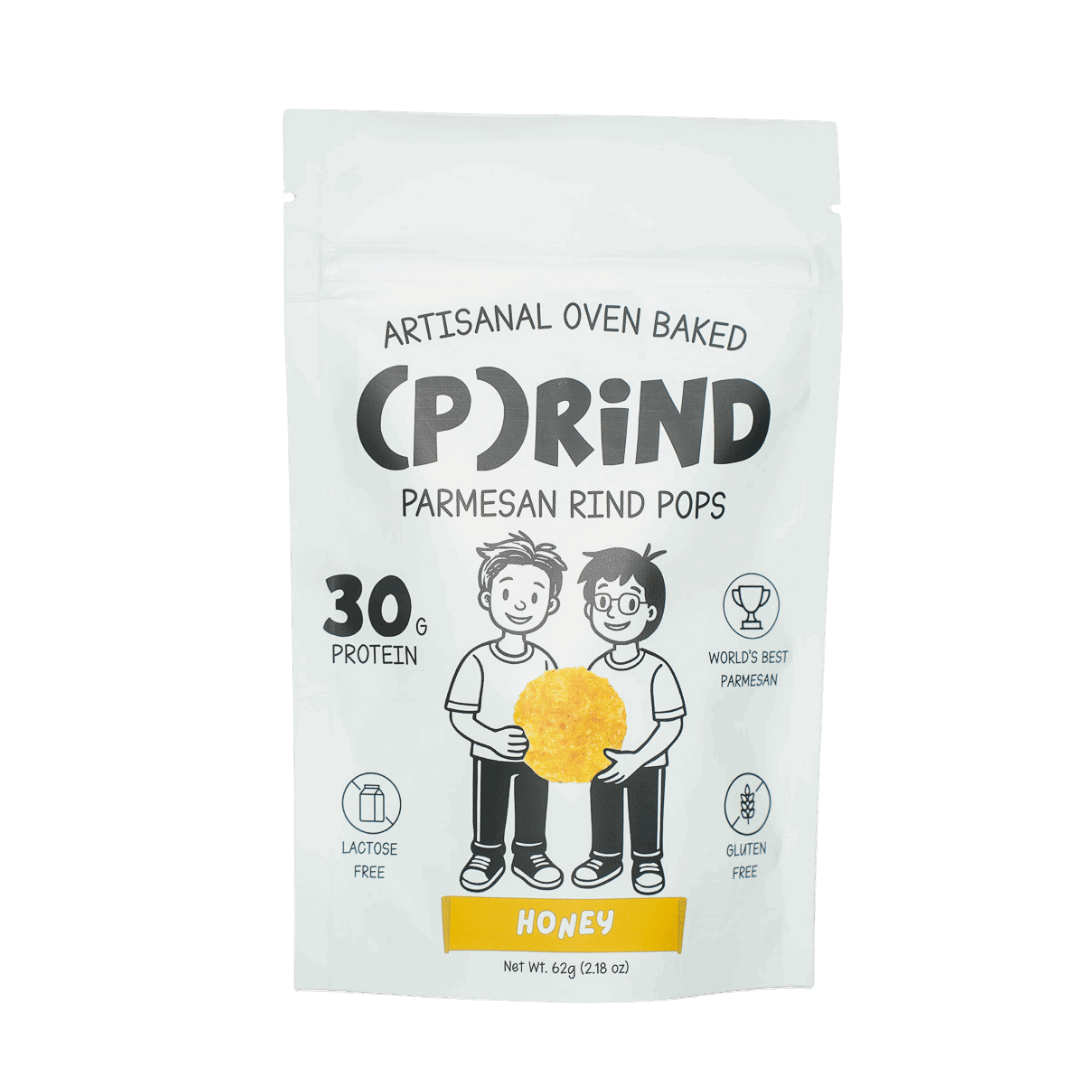 (P)RiND Honey parmesan pops double-serve bag, clean white packaging with 30g protein, lactose free and gluten free.