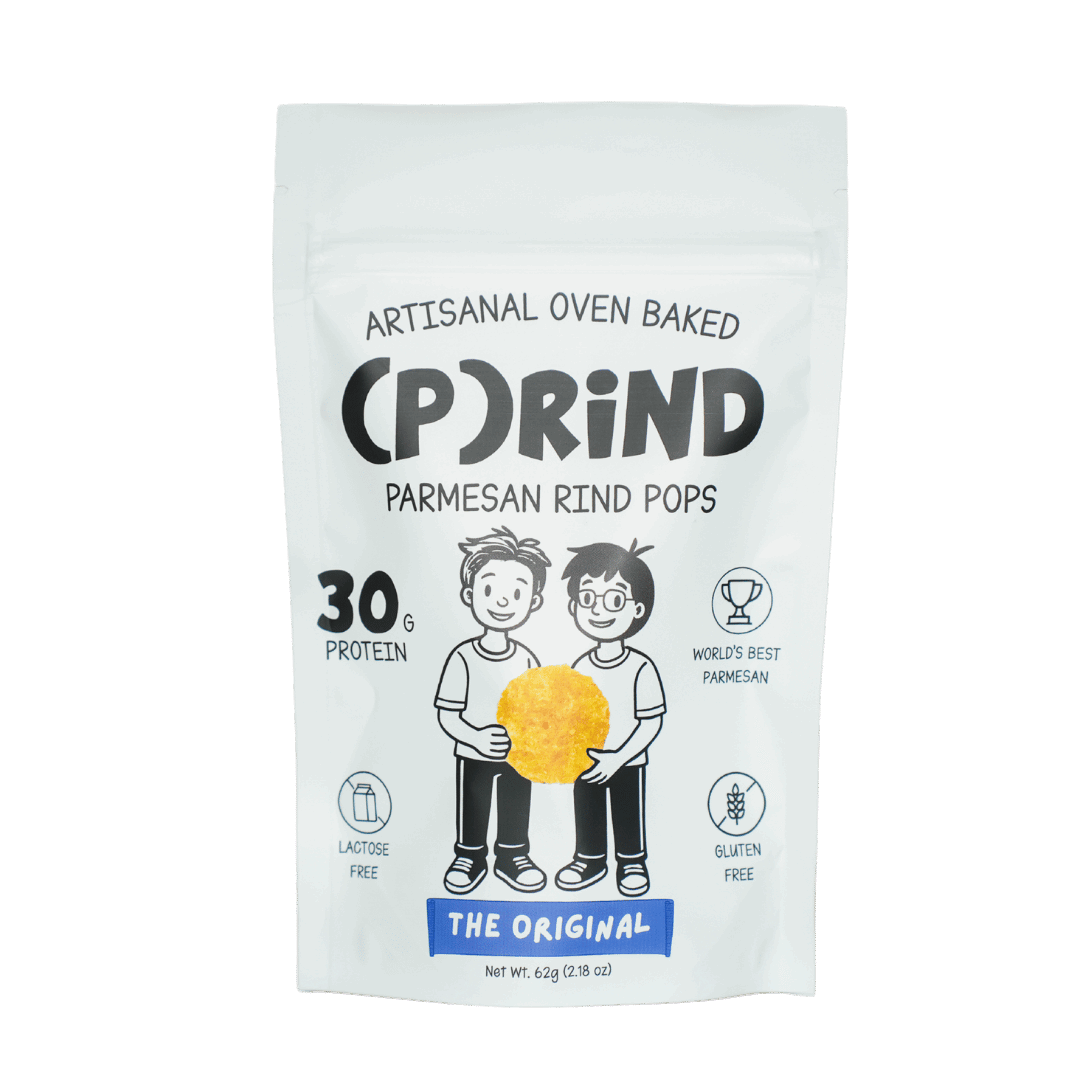 (P)RiND Original parmesan pops double-serve bag, clean white packaging with 30g protein, lactose free and gluten free.