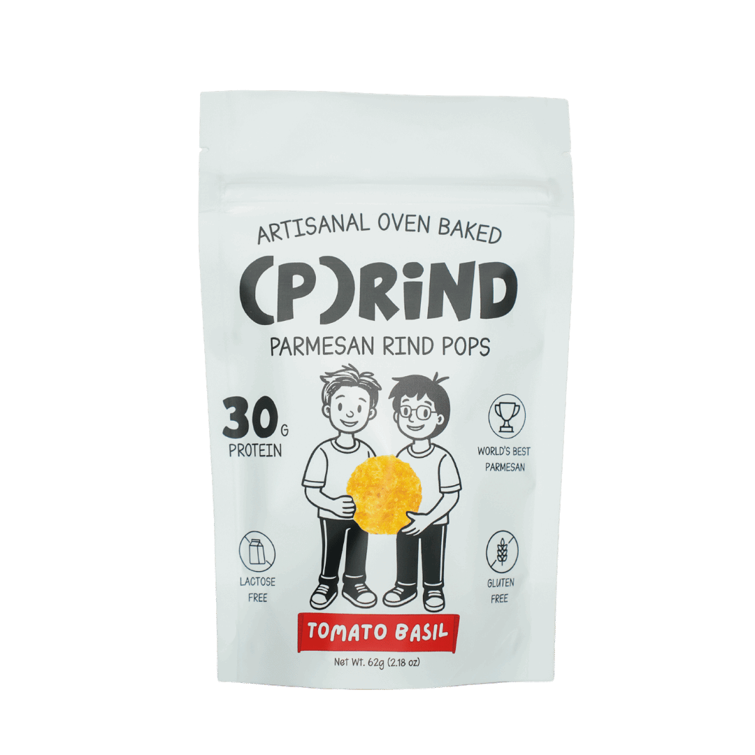 (P)RiND Tomato Basil parmesan pops double-serve bag, clean white packaging with 30g protein, lactose free and gluten free.