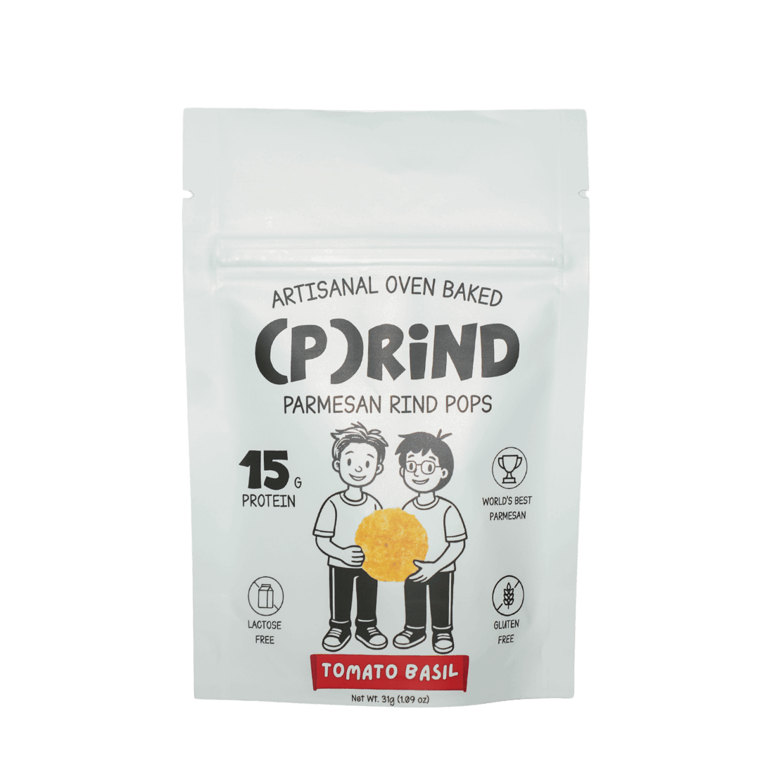 Single-serve (P)RiND Tomato Basil parmesan pops bag, clean oven-baked snack made with 5 natural ingredients, gluten free and lactose free.