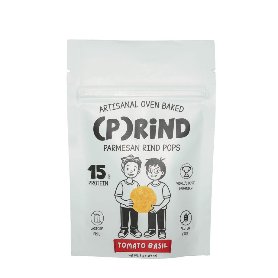 Single-serve (P)RiND Tomato Basil parmesan pops bag, clean oven-baked snack made with 5 natural ingredients, gluten free and lactose free.